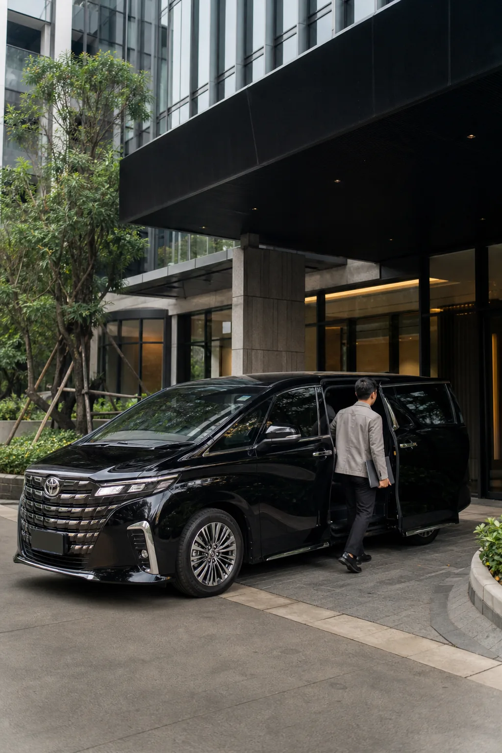 Profesional bisnis turun dari Toyota Alphard di depan gedung perkantoran Jakarta